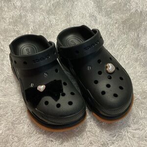 CROCS Black Slip-On Clogs with Orange Soles and Pearl Charms